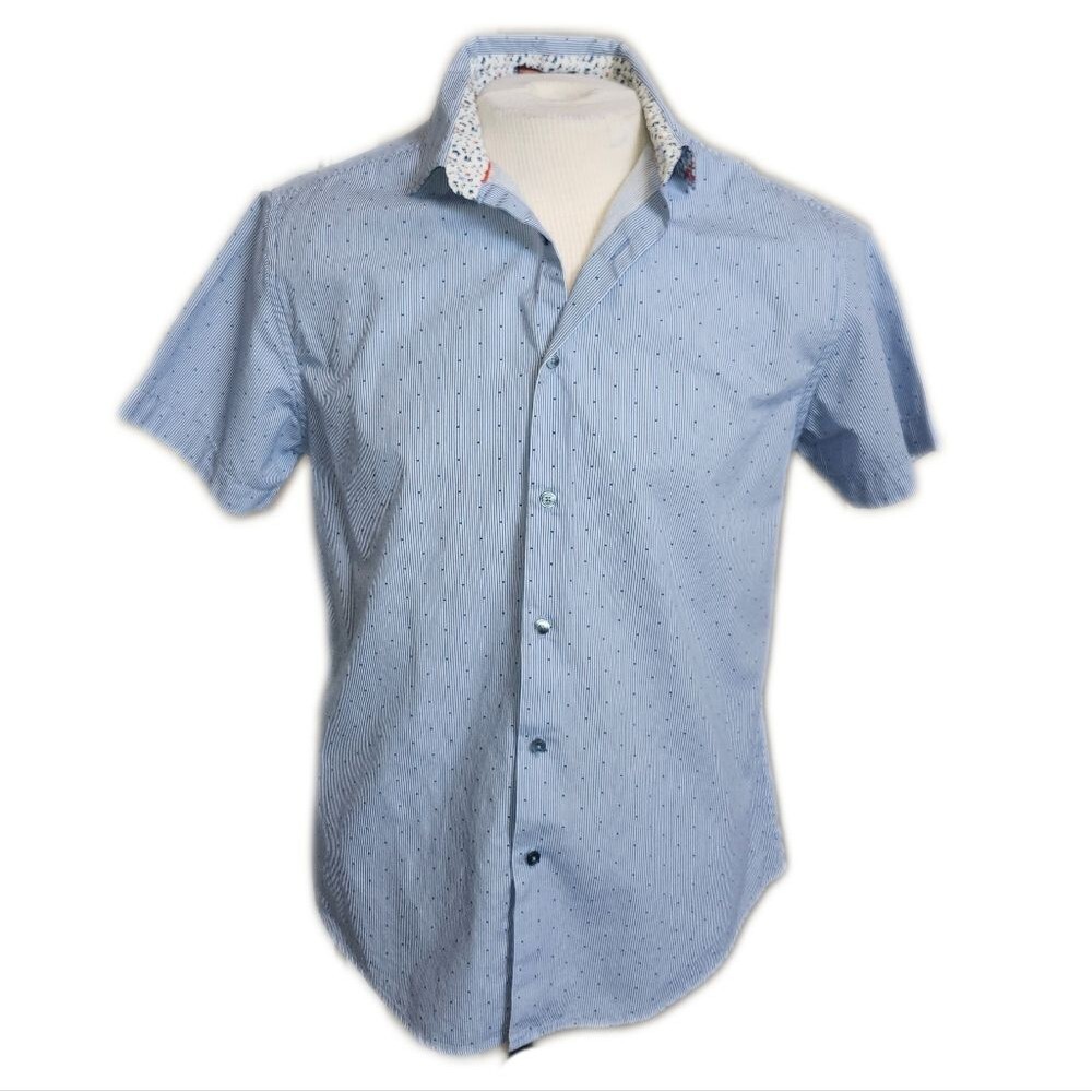 Denim & Flower Blue & White Pinstripe Button Down Short Sleeve Shirt, M